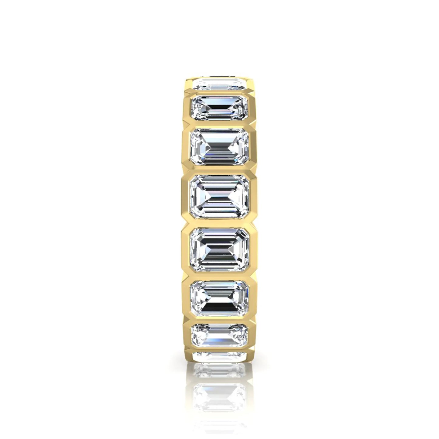 Emerald cut lab grown diamond full eternity band featuring bezel-set diamonds with a yellow gold tone finish.