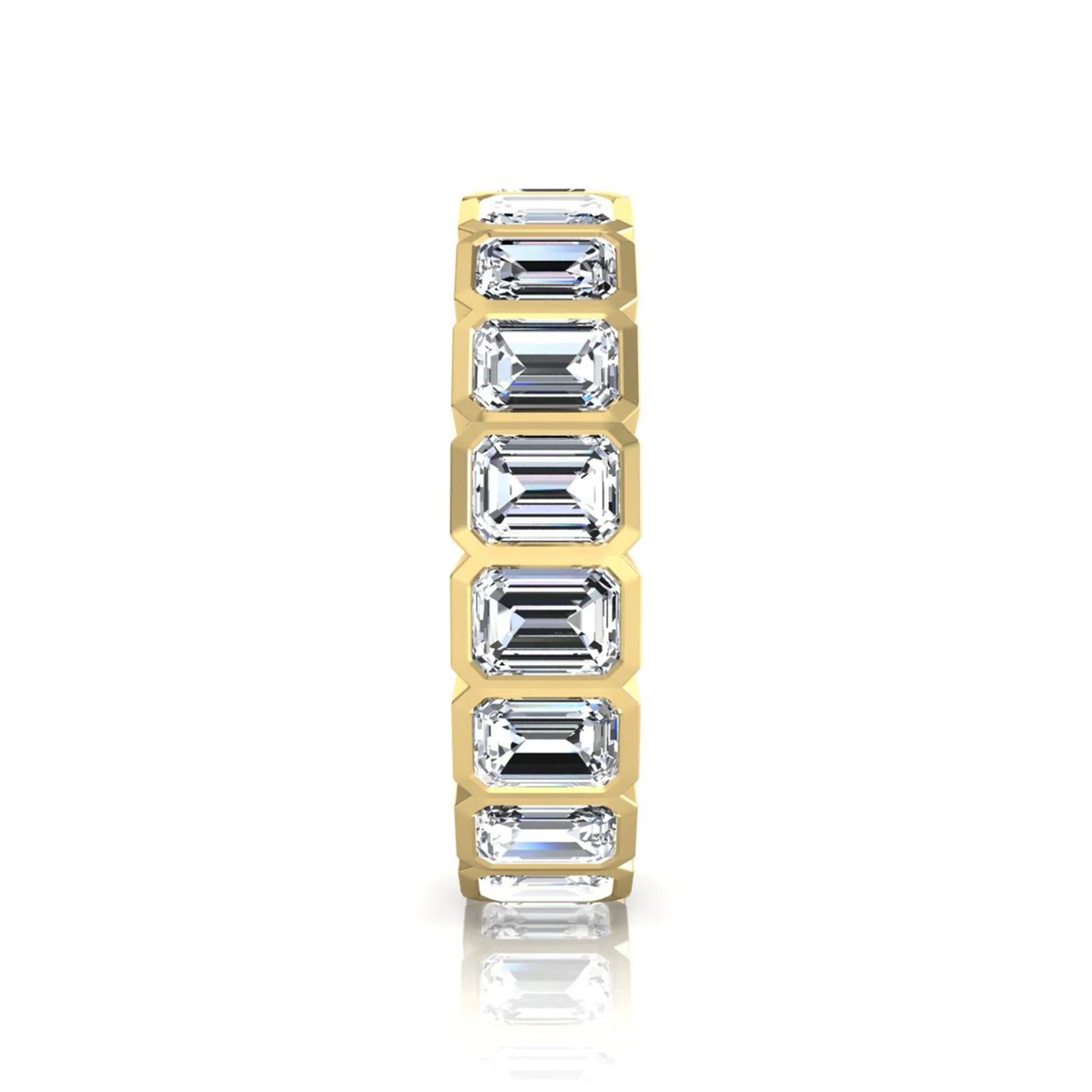 Emerald cut lab grown diamond full eternity band featuring bezel-set diamonds with a yellow gold tone finish.