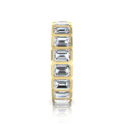 Emerald cut lab grown diamond full eternity band featuring bezel-set diamonds with a yellow gold tone finish.