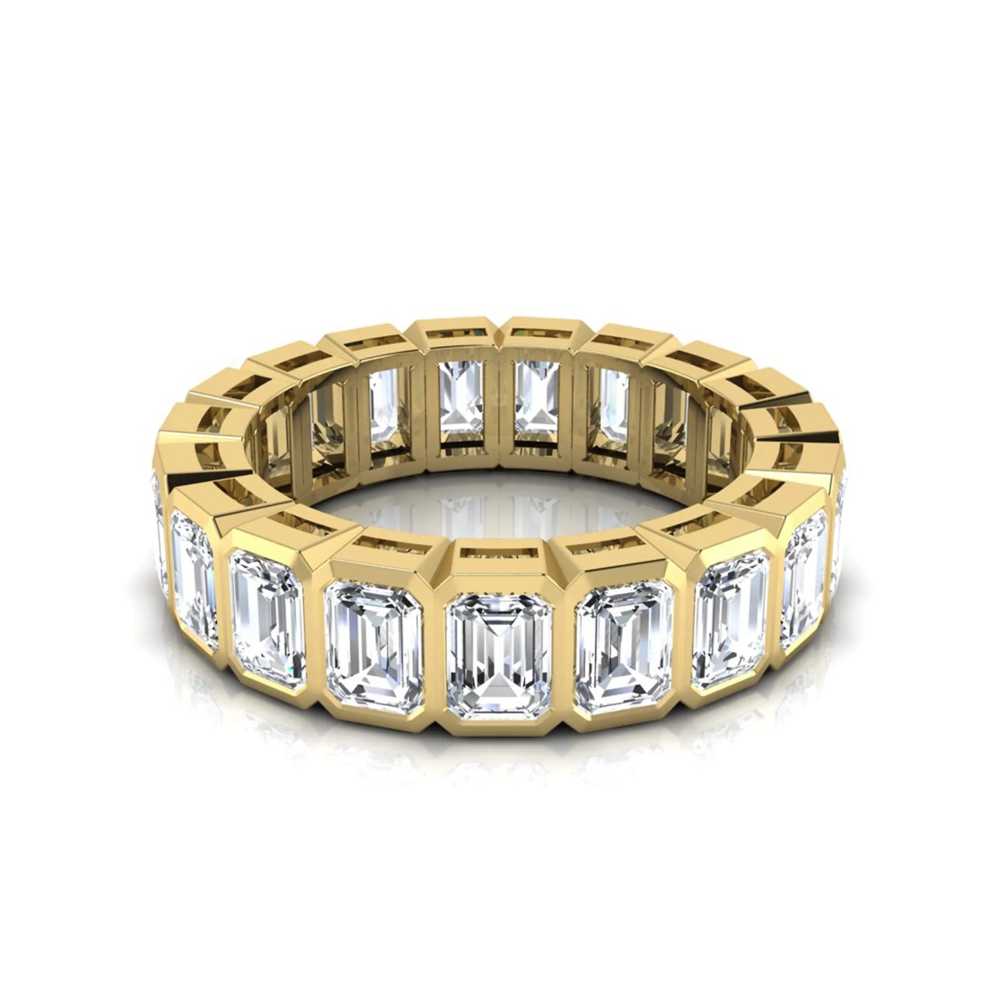 Emerald cut lab grown diamond full eternity band featuring bezel-set diamonds with a yellow gold tone finish.