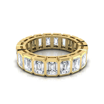 Emerald cut lab grown diamond full eternity band featuring bezel-set diamonds with a yellow gold tone finish.
