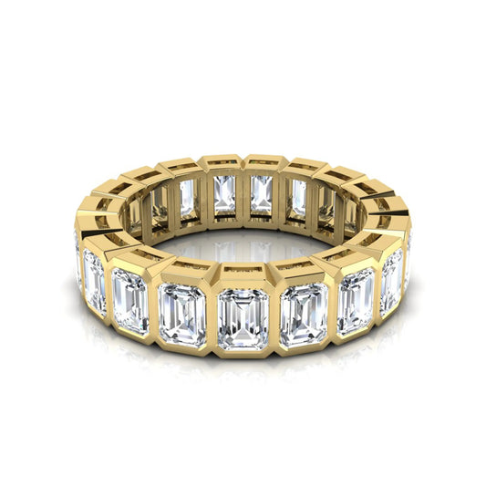 Emerald cut lab grown diamond full eternity band featuring bezel-set diamonds with a yellow gold tone finish.