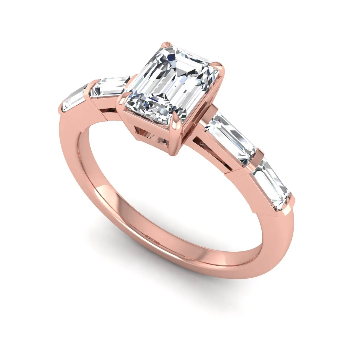 Emerald cut lab grown diamond engagement ring with baguette side diamonds in rose gold