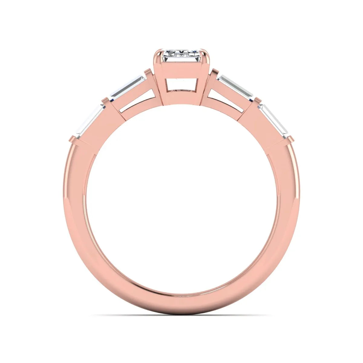 Emerald cut lab grown diamond engagement ring with baguette side diamonds in rose gold