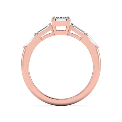 Emerald cut lab grown diamond engagement ring with baguette side diamonds in rose gold