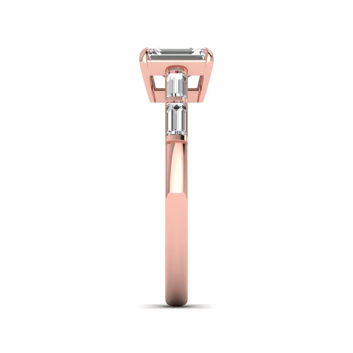 Emerald cut lab grown diamond engagement ring with baguette side diamonds in rose gold