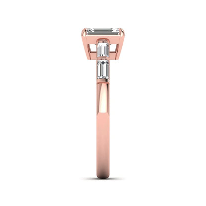 Emerald cut lab grown diamond engagement ring with baguette side diamonds in rose gold