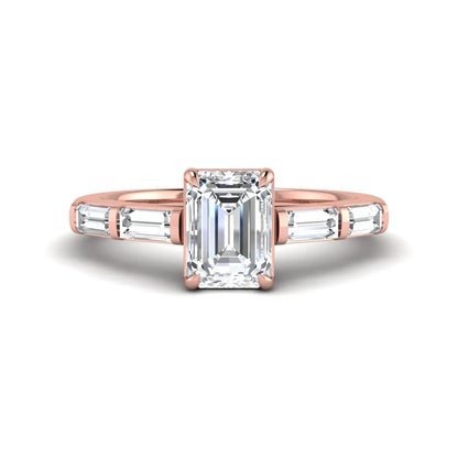 Emerald cut lab grown diamond engagement ring with baguette side diamonds in rose gold