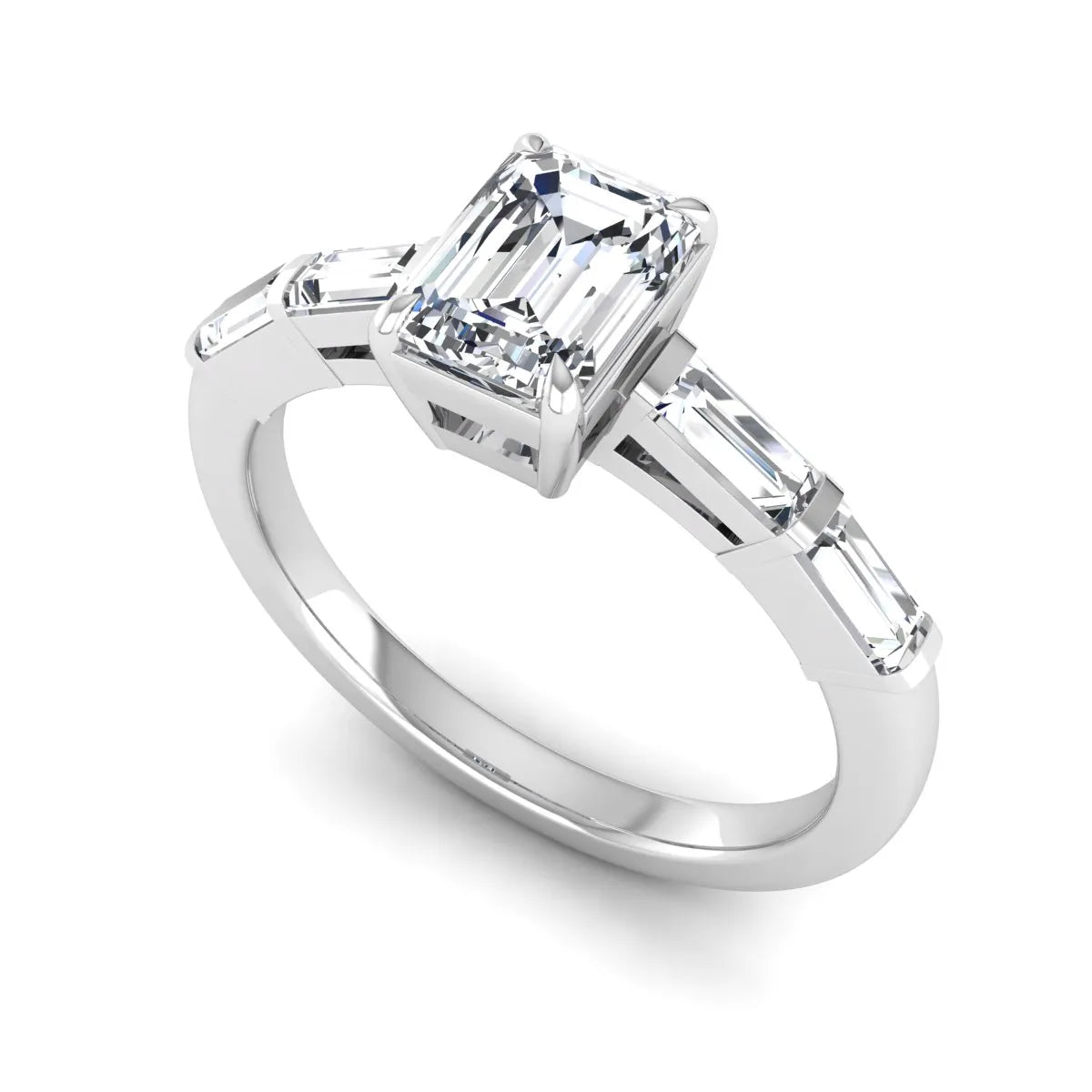 Emerald cut lab grown diamond engagement ring with baguette side diamonds in white gold