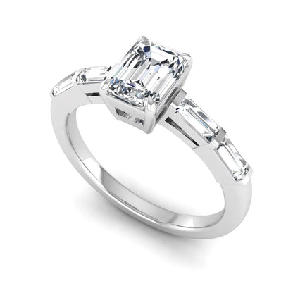 Emerald cut lab grown diamond engagement ring with baguette side diamonds in white gold