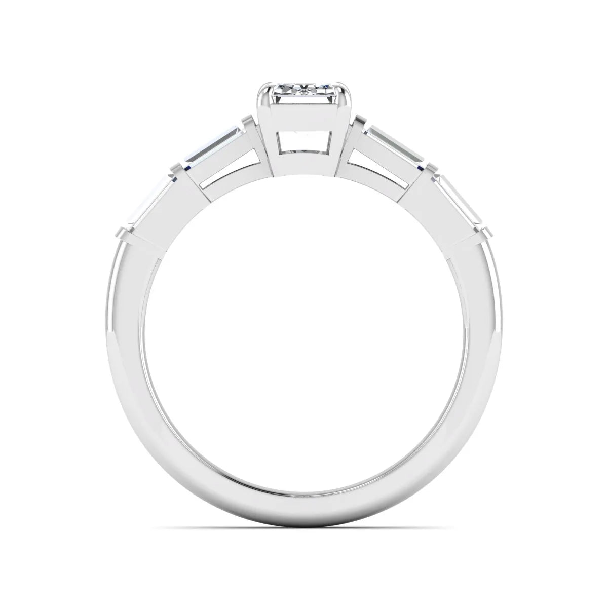 Emerald cut lab grown diamond engagement ring with baguette side diamonds in white gold