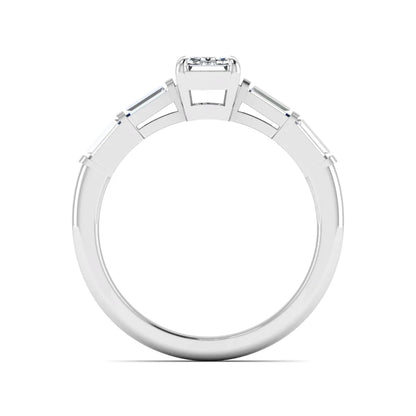 Emerald cut lab grown diamond engagement ring with baguette side diamonds in white gold