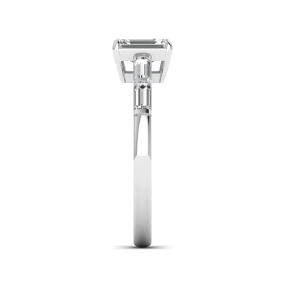 Emerald cut lab grown diamond engagement ring with baguette side diamonds in white gold