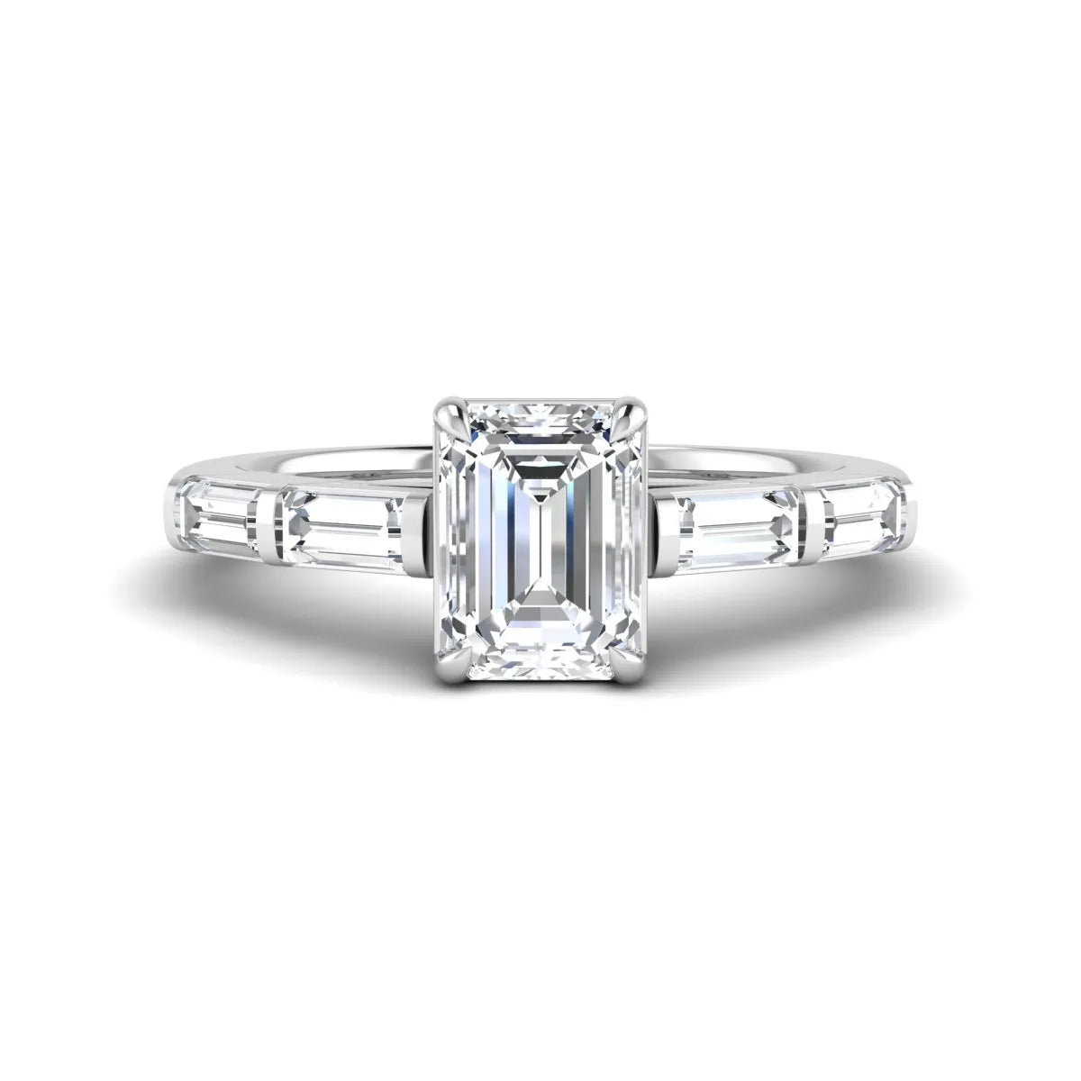 Emerald cut lab grown diamond engagement ring with baguette side diamonds in white gold