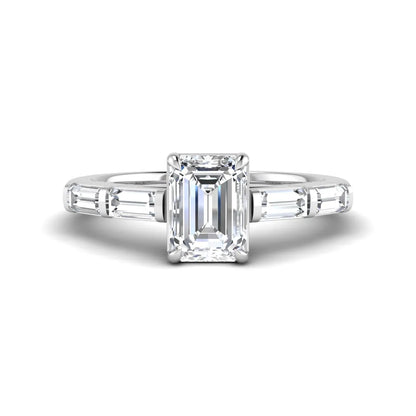 Emerald cut lab grown diamond engagement ring with baguette side diamonds in white gold