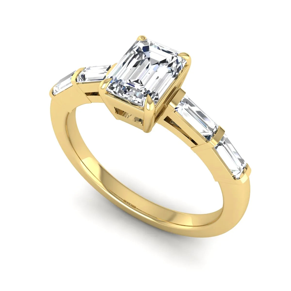 Emerald cut lab grown diamond engagement ring with baguette side diamonds in yellow gold