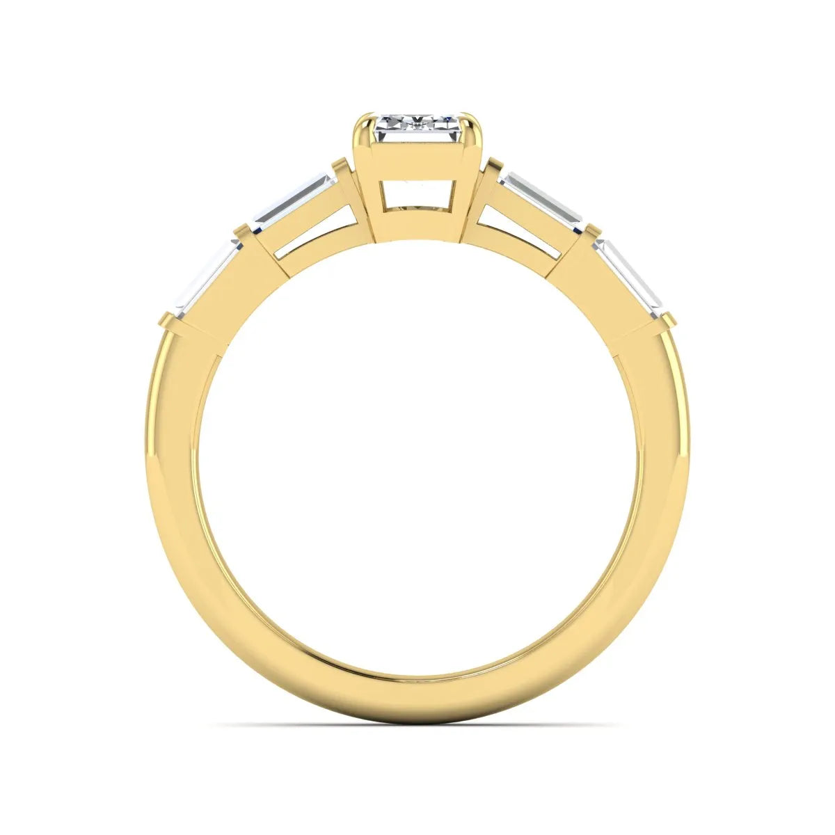 Emerald cut lab grown diamond engagement ring with baguette side diamonds in yellow gold