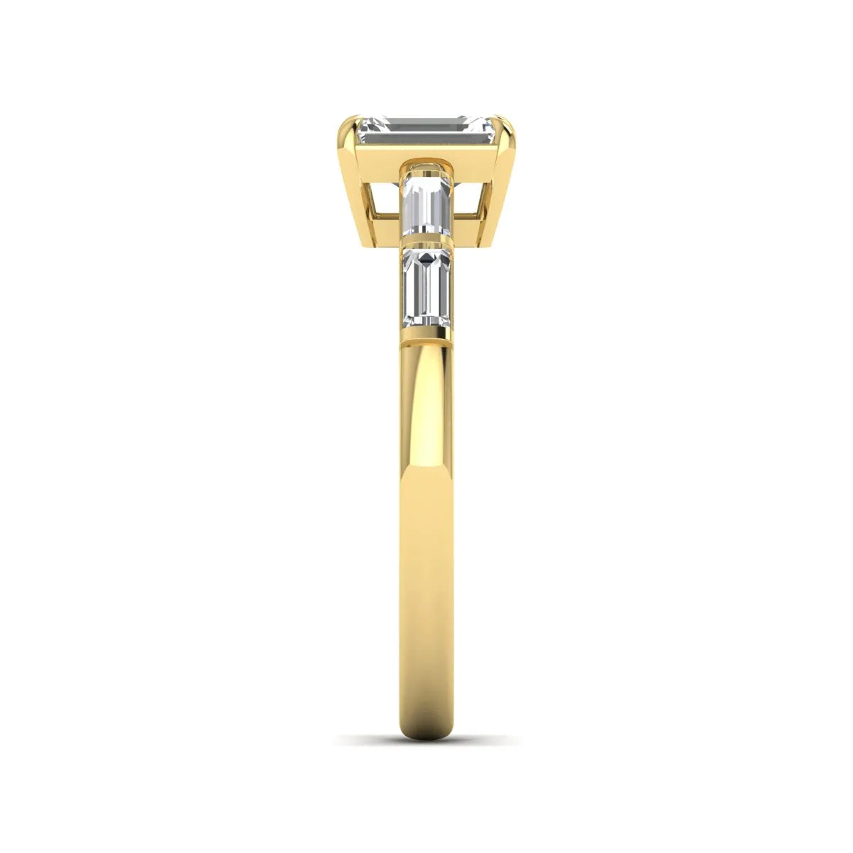 Emerald cut lab grown diamond engagement ring with baguette side diamonds in yellow gold