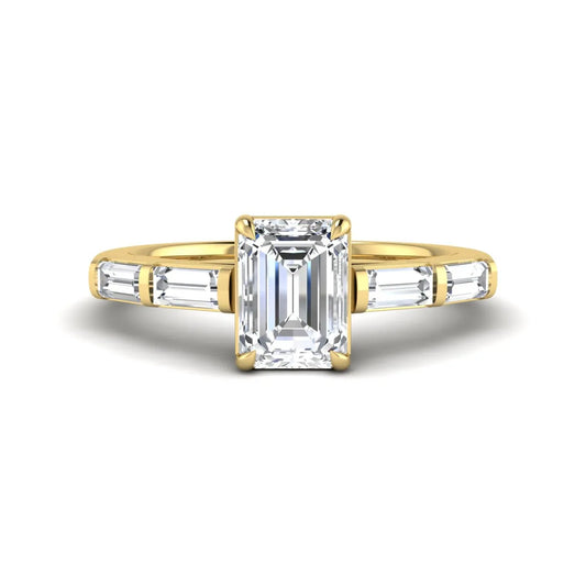 Emerald cut lab grown diamond engagement ring with baguette side diamonds in yellow gold