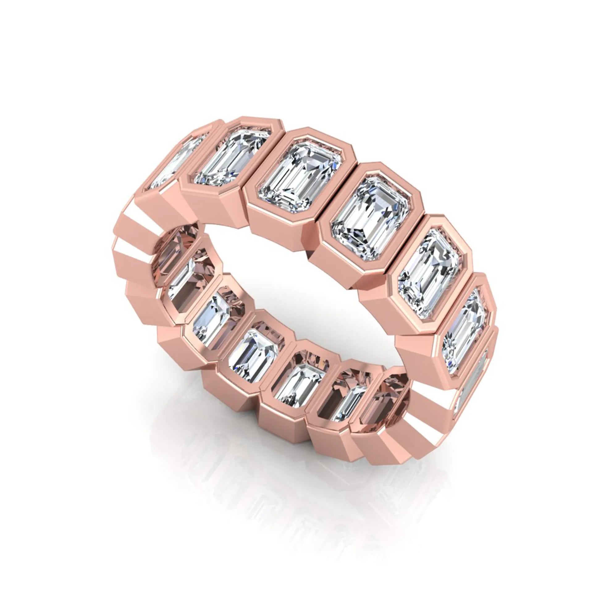 Emerald cut lab grown diamond full eternity ring featuring octagonal bezel-set diamonds in polished rose gold.