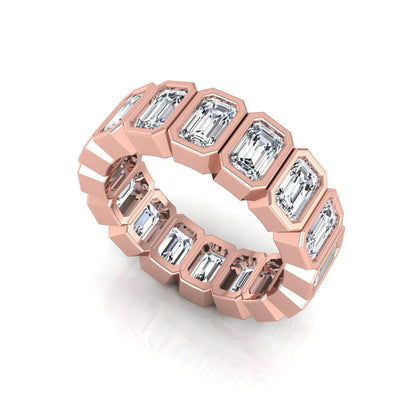 Emerald cut lab grown diamond full eternity ring featuring octagonal bezel-set diamonds in polished rose gold.