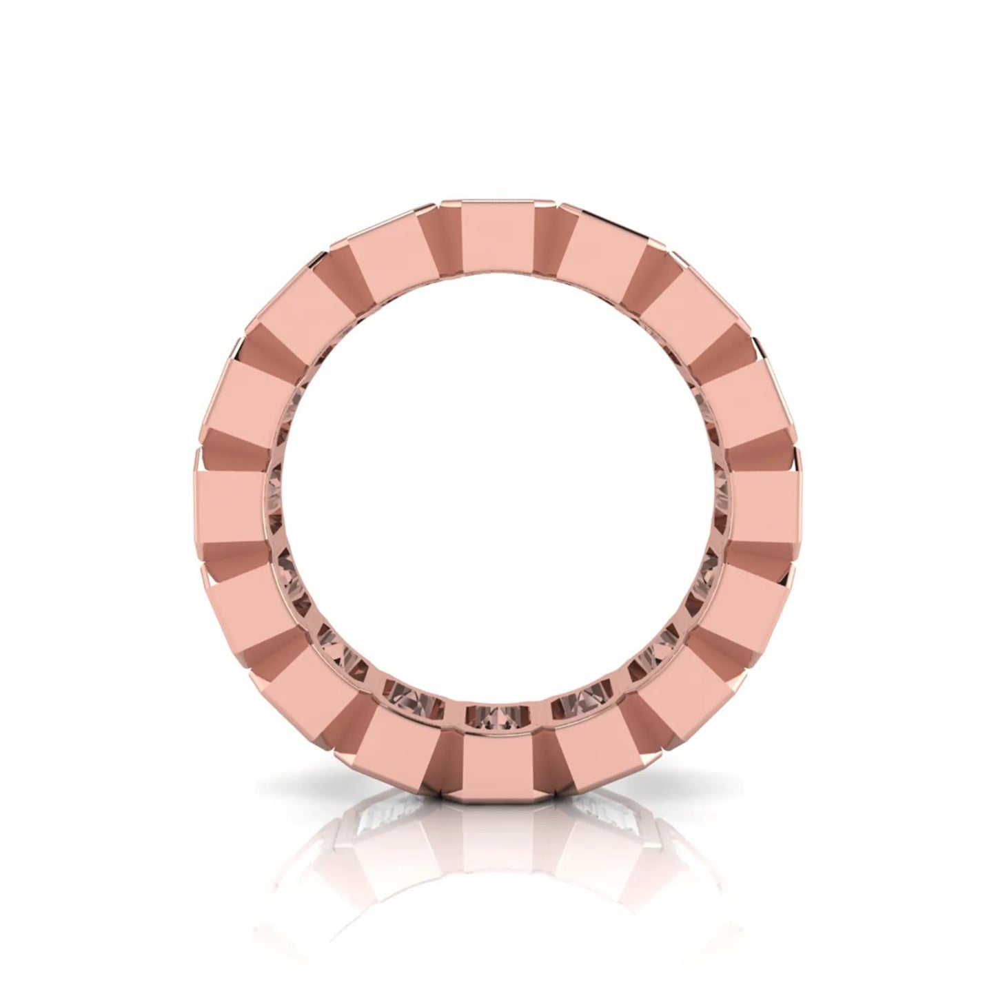 Emerald cut lab grown diamond full eternity ring featuring octagonal bezel-set diamonds in polished rose gold.