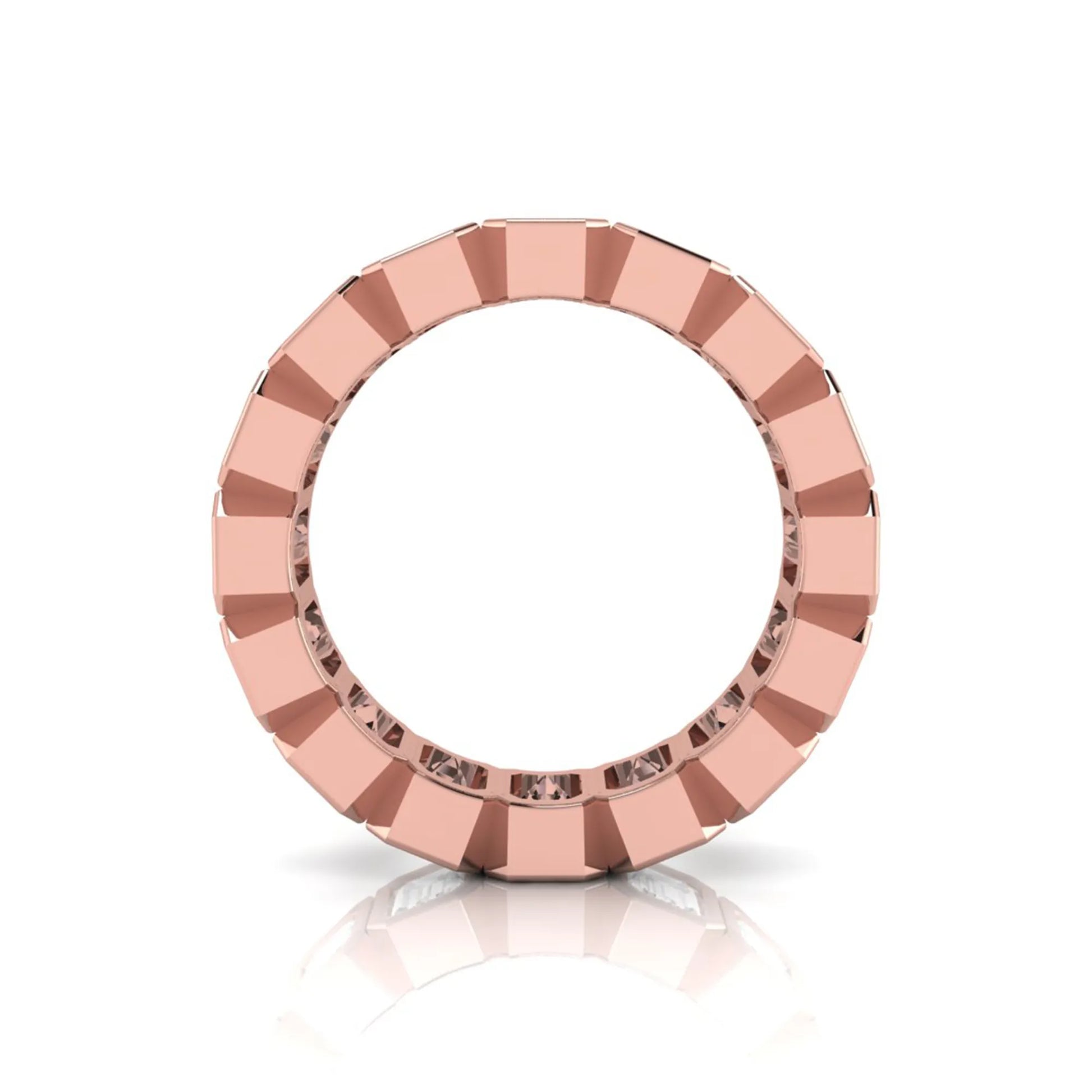 Emerald cut lab grown diamond full eternity ring featuring octagonal bezel-set diamonds in polished rose gold.