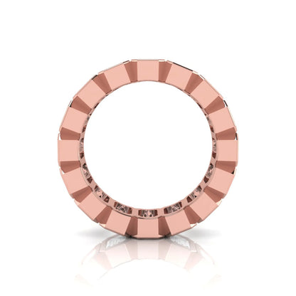 Emerald cut lab grown diamond full eternity ring featuring octagonal bezel-set diamonds in polished rose gold.