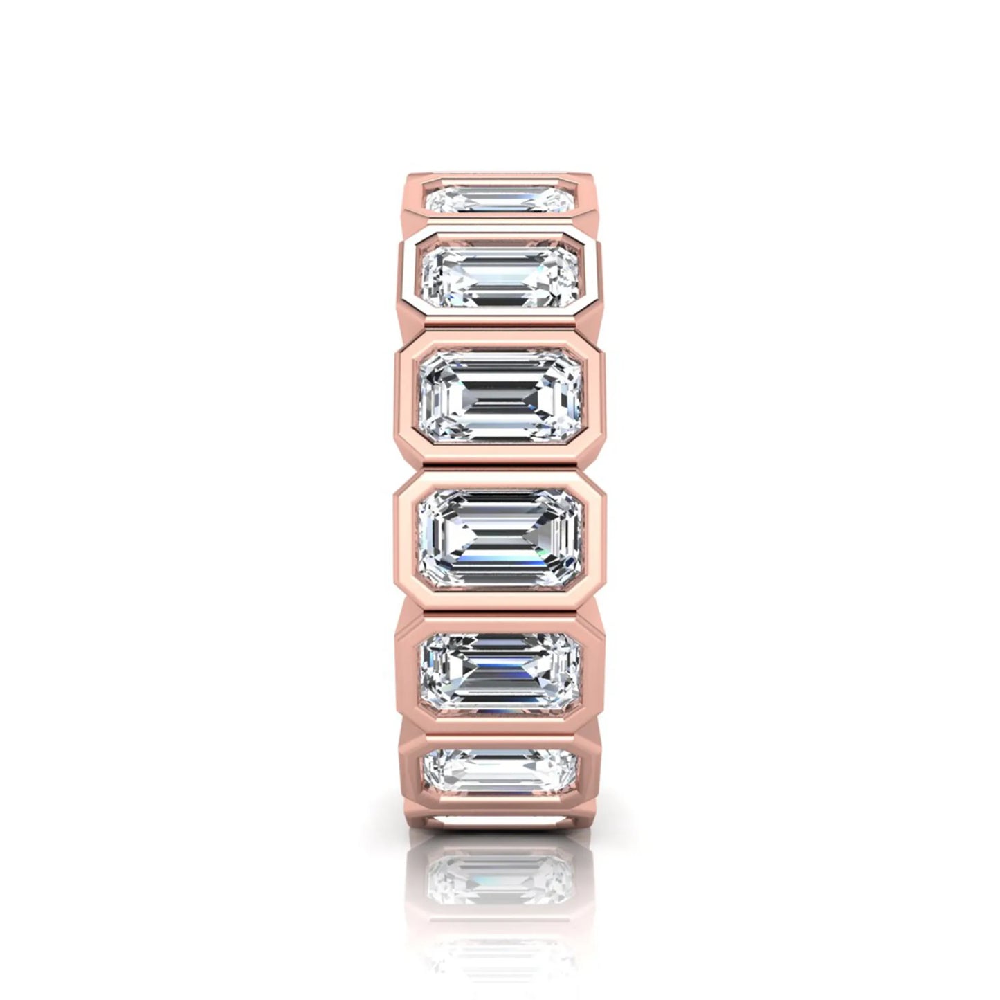 Emerald cut lab grown diamond full eternity ring featuring octagonal bezel-set diamonds in polished rose gold.