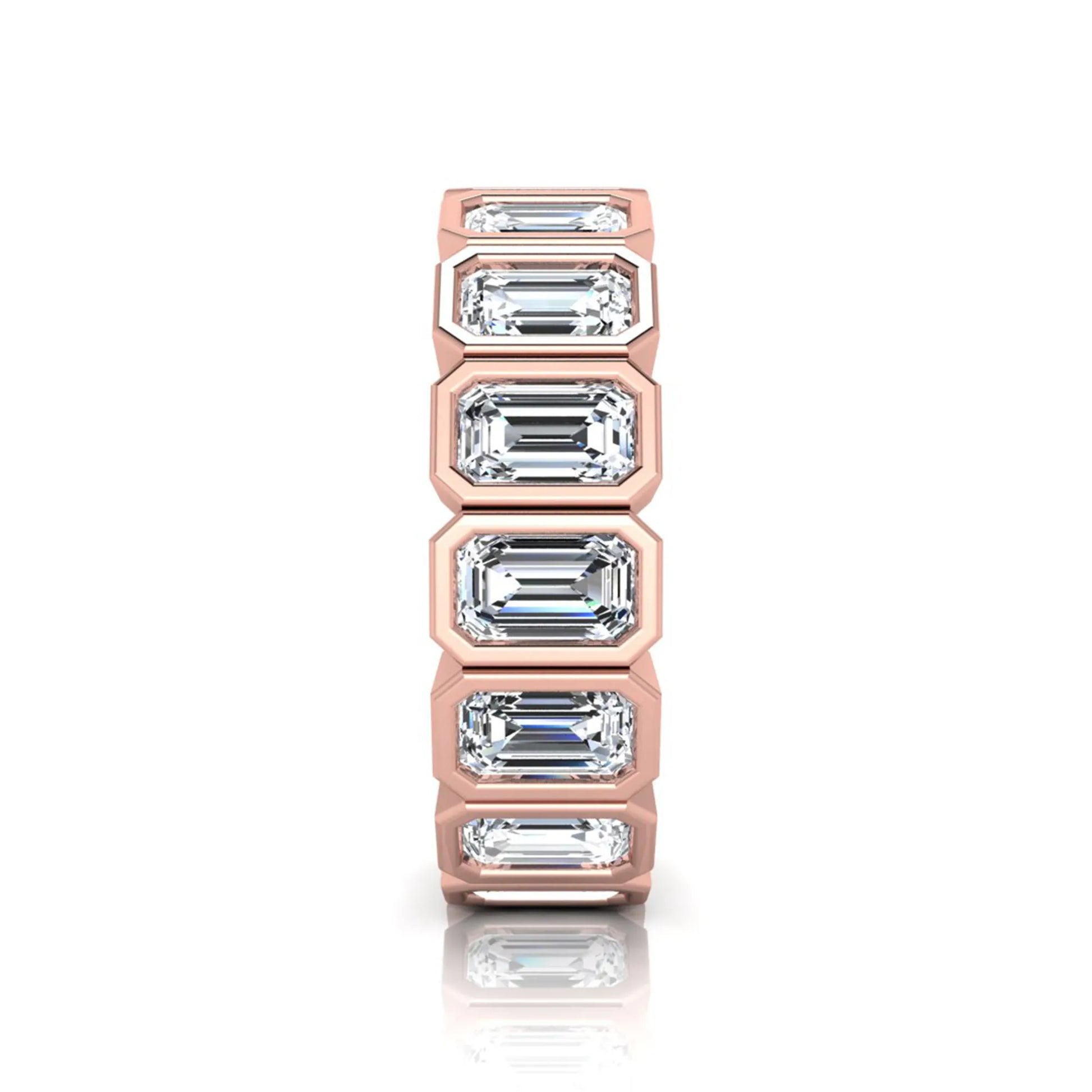 Emerald cut lab grown diamond full eternity ring featuring octagonal bezel-set diamonds in polished rose gold.