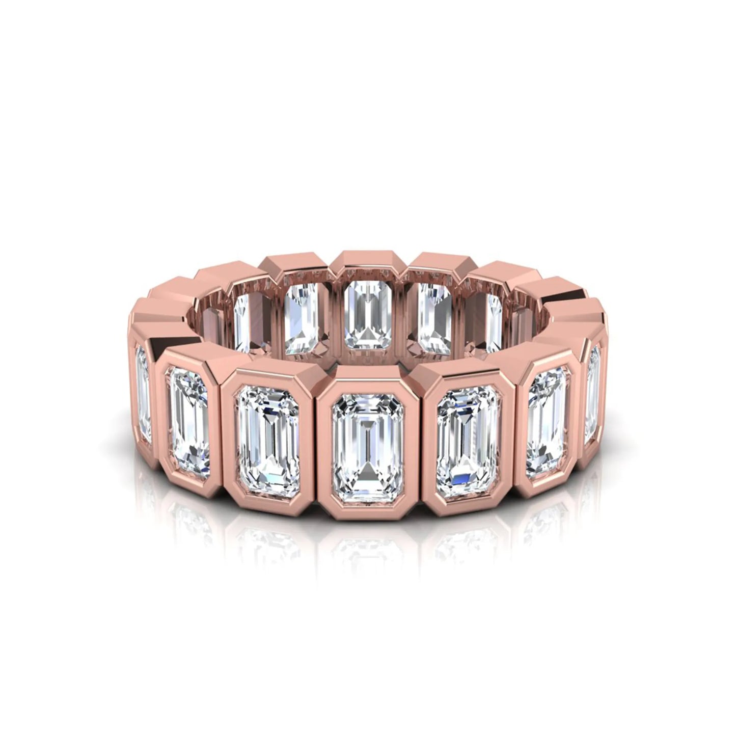 Emerald cut lab grown diamond full eternity ring featuring octagonal bezel-set diamonds in polished rose gold.