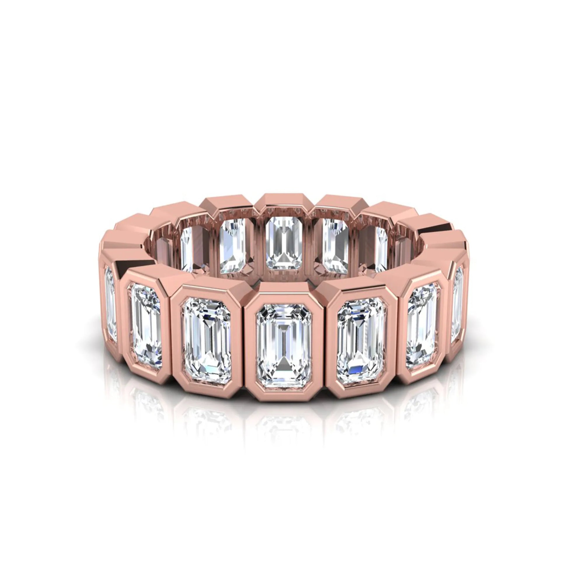Emerald cut lab grown diamond full eternity ring featuring octagonal bezel-set diamonds in polished rose gold.