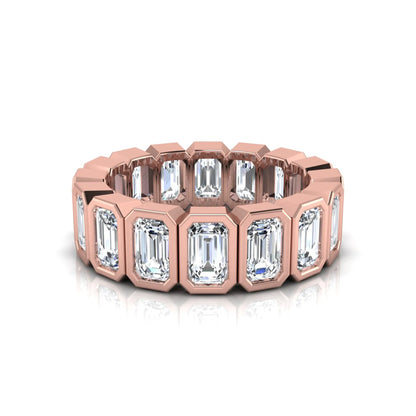 Emerald cut lab grown diamond full eternity ring featuring octagonal bezel-set diamonds in polished rose gold.