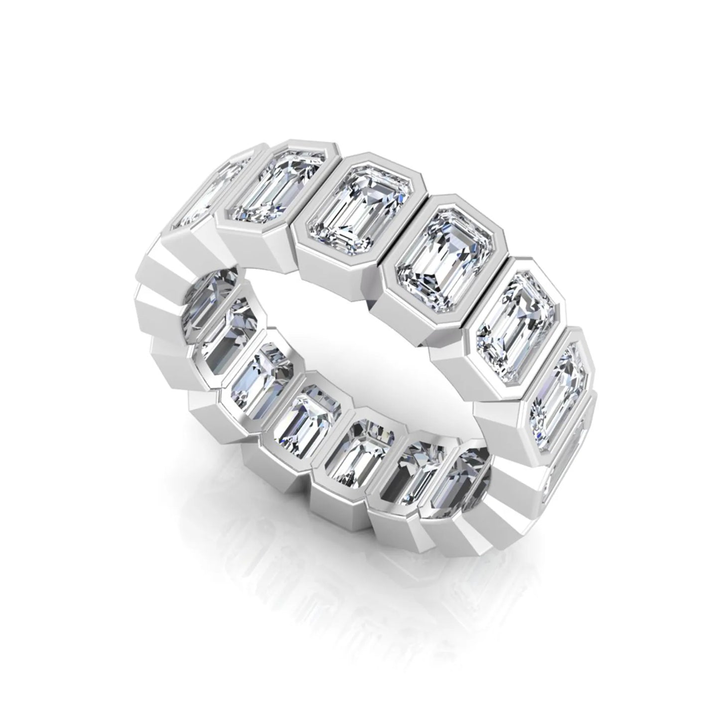 Emerald cut lab grown diamond full eternity ring featuring octagonal bezel-set diamonds in polished white gold.