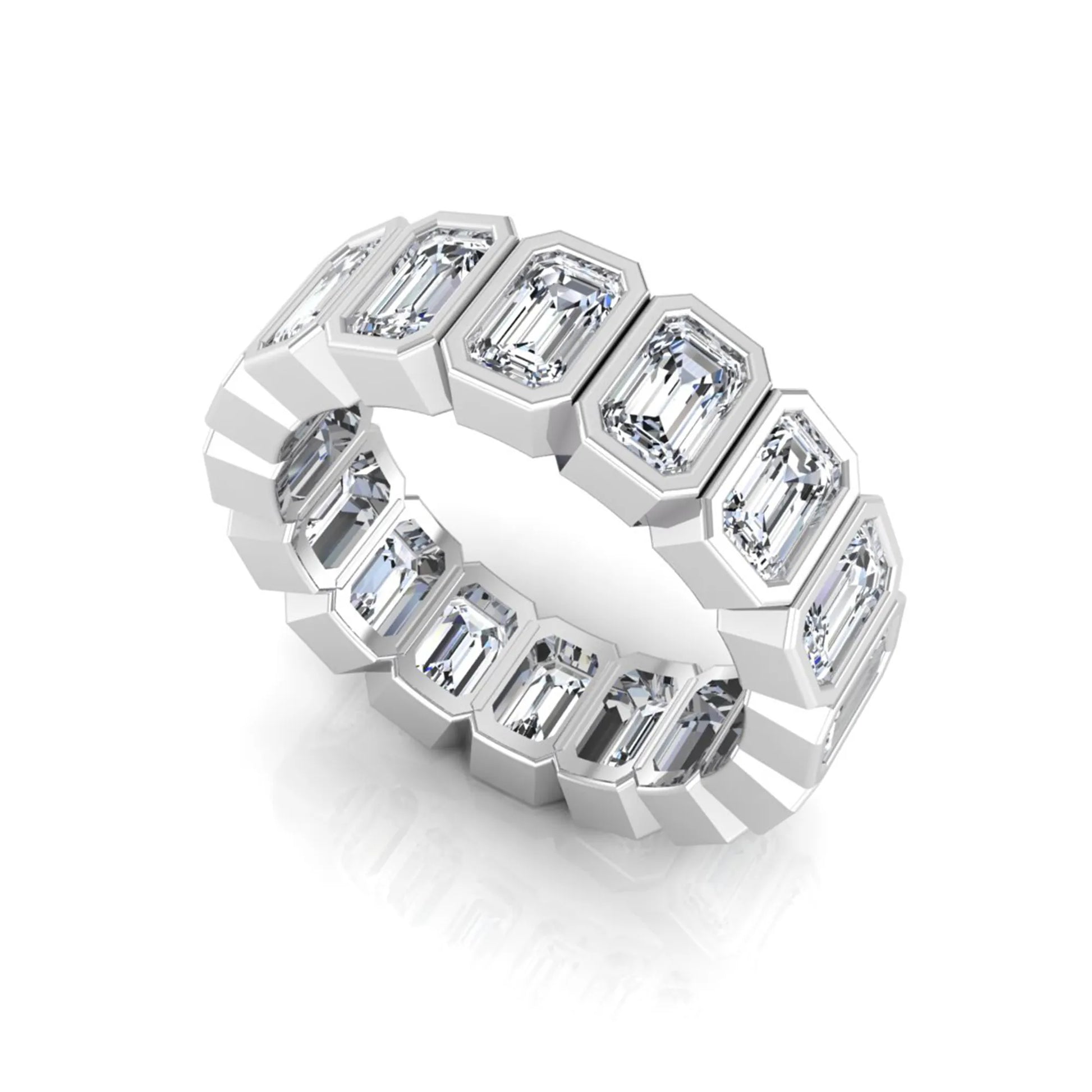 Emerald cut lab grown diamond full eternity ring featuring octagonal bezel-set diamonds in polished white gold.