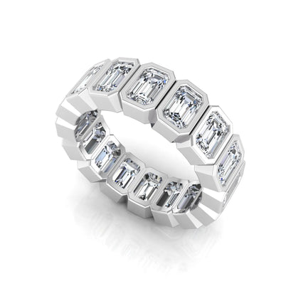 Emerald cut lab grown diamond full eternity ring featuring octagonal bezel-set diamonds in polished white gold.