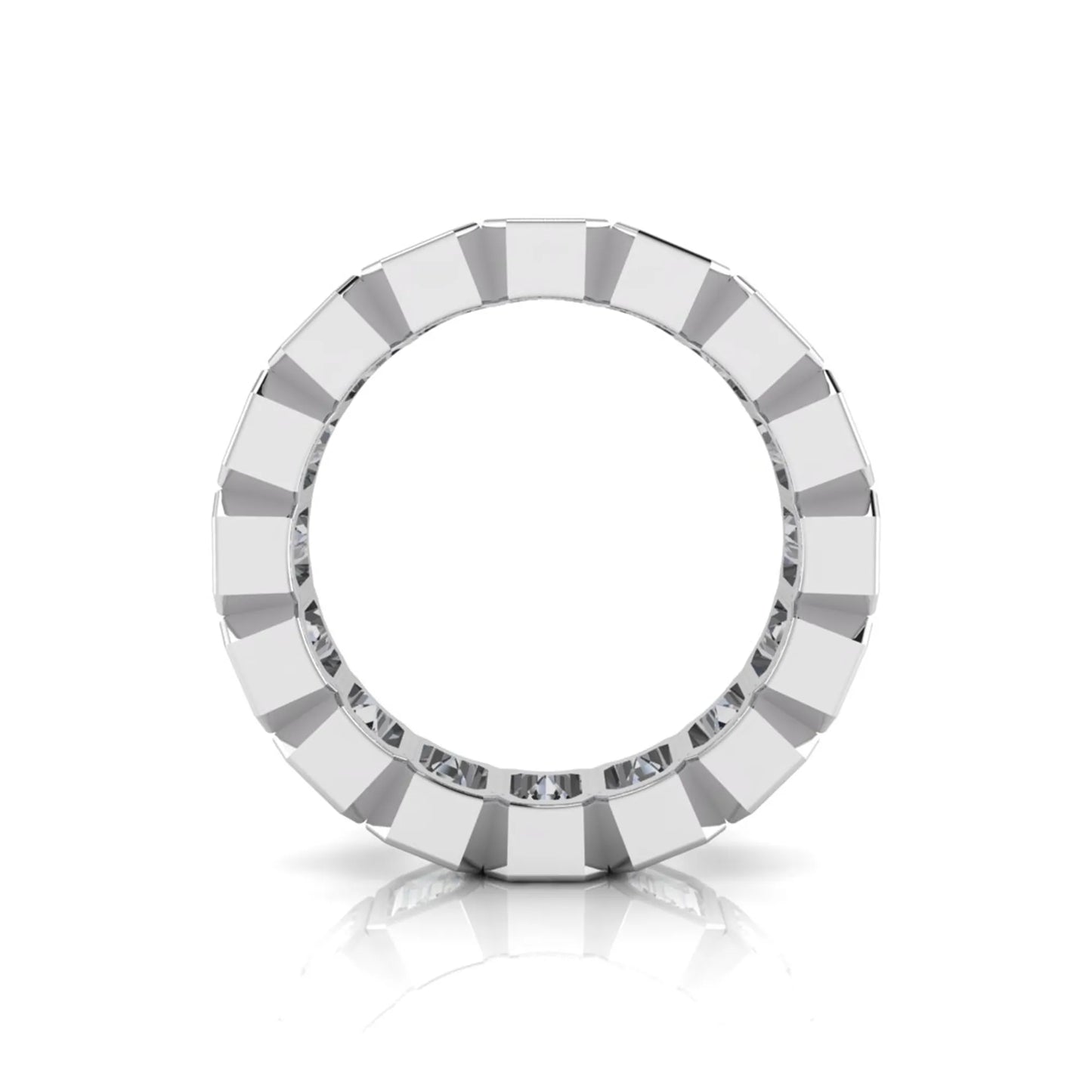 Emerald cut lab grown diamond full eternity ring featuring octagonal bezel-set diamonds in polished white gold.