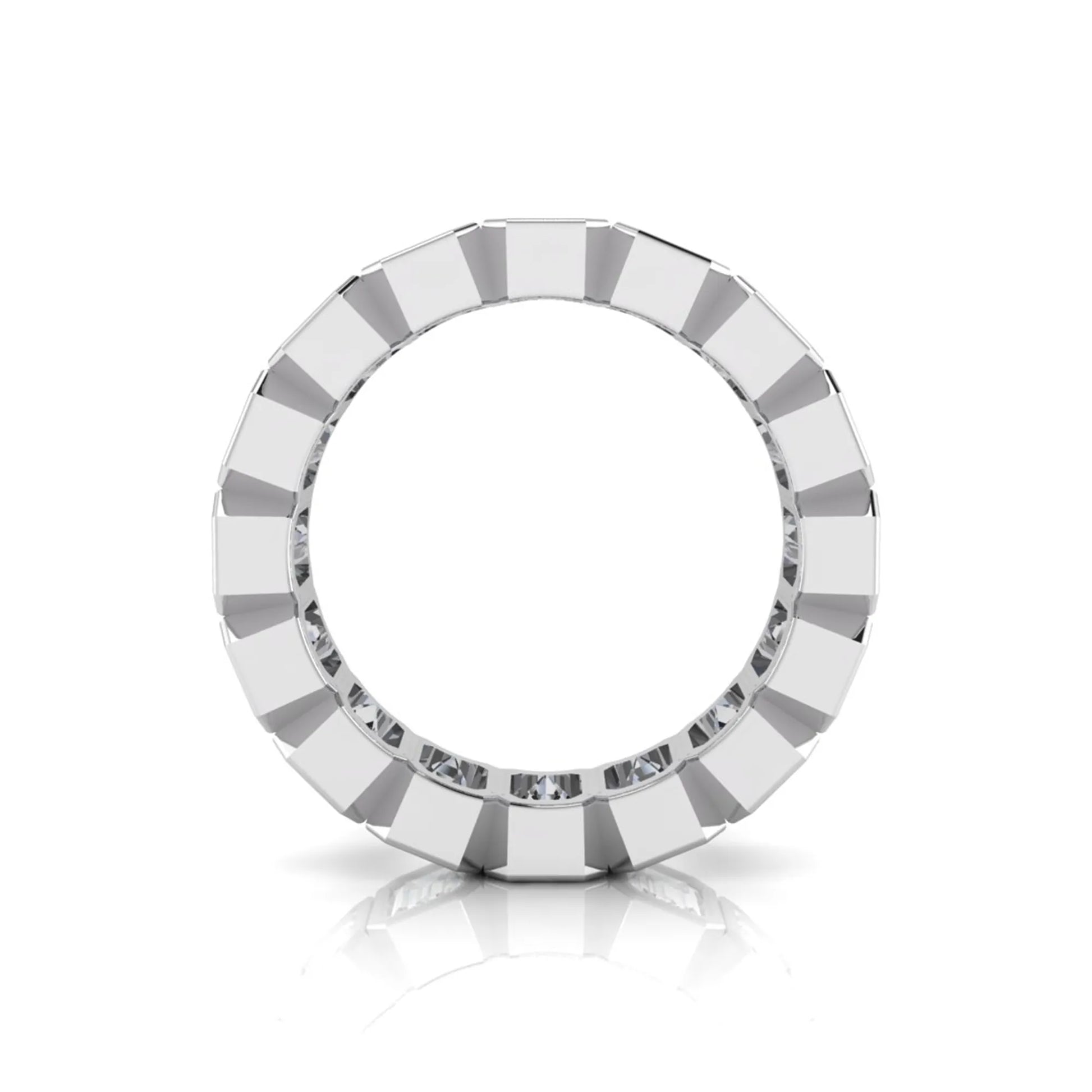 Emerald cut lab grown diamond full eternity ring featuring octagonal bezel-set diamonds in polished white gold.