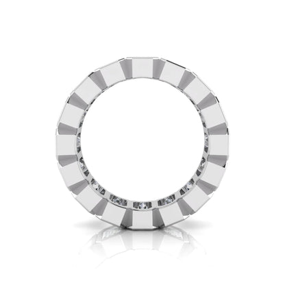 Emerald cut lab grown diamond full eternity ring featuring octagonal bezel-set diamonds in polished white gold.