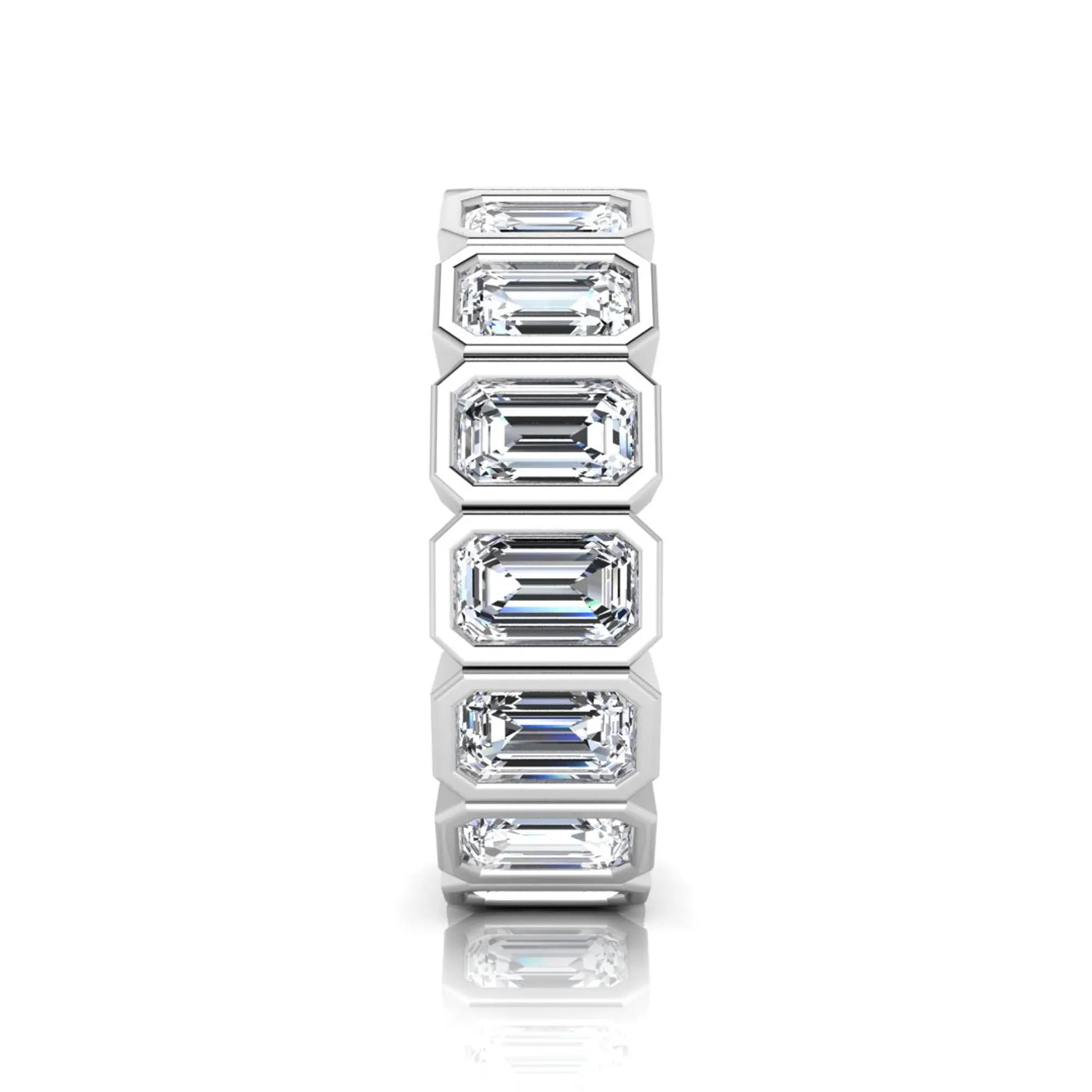 Emerald cut lab grown diamond full eternity ring featuring octagonal bezel-set diamonds in polished white gold.