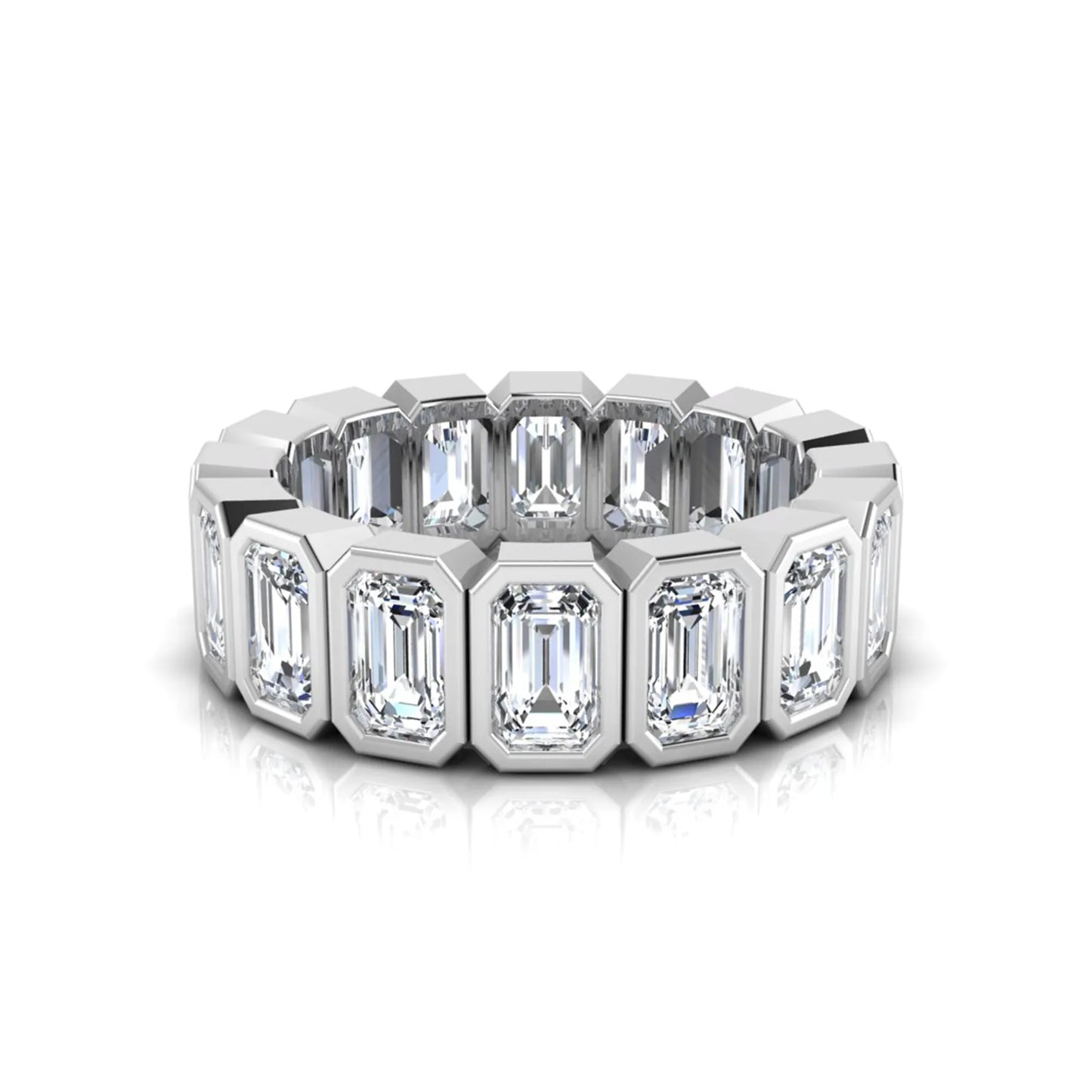 Emerald cut lab grown diamond full eternity ring featuring octagonal bezel-set diamonds in polished white gold.