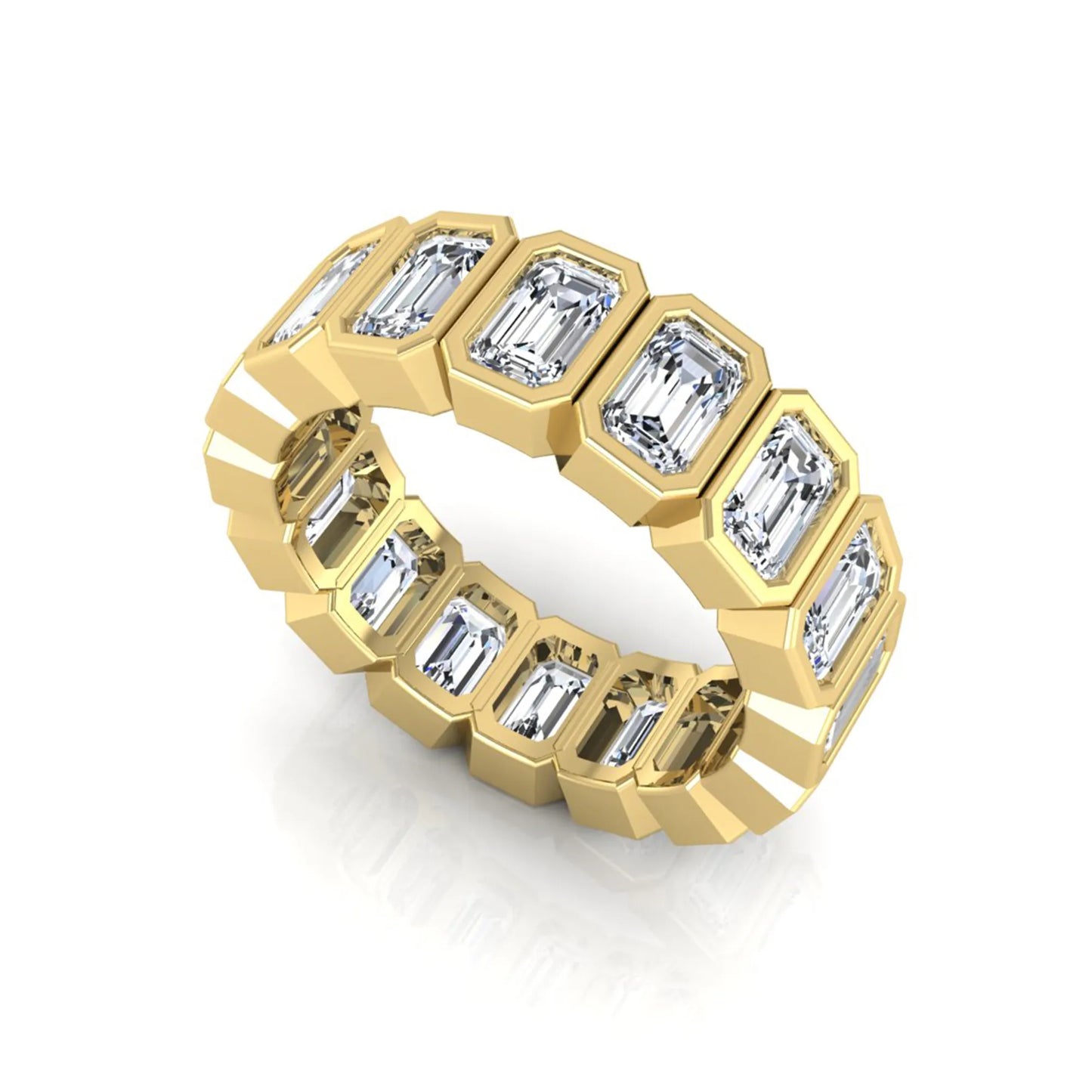 Emerald cut lab grown diamond full eternity ring featuring octagonal bezel-set diamonds in polished yellow gold.