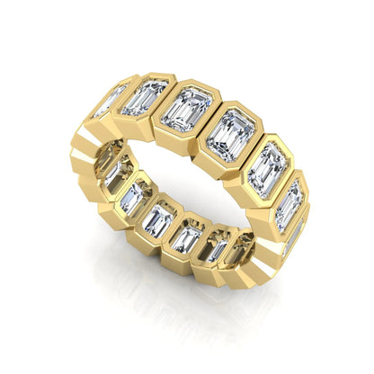 Emerald cut lab grown diamond full eternity ring featuring octagonal bezel-set diamonds in polished yellow gold.
