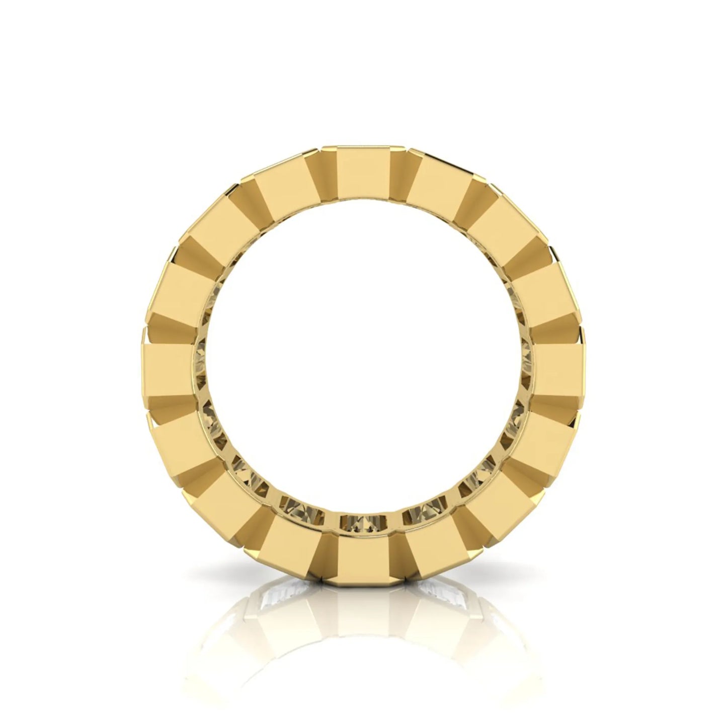 Emerald cut lab grown diamond full eternity ring featuring octagonal bezel-set diamonds in polished yellow gold.
