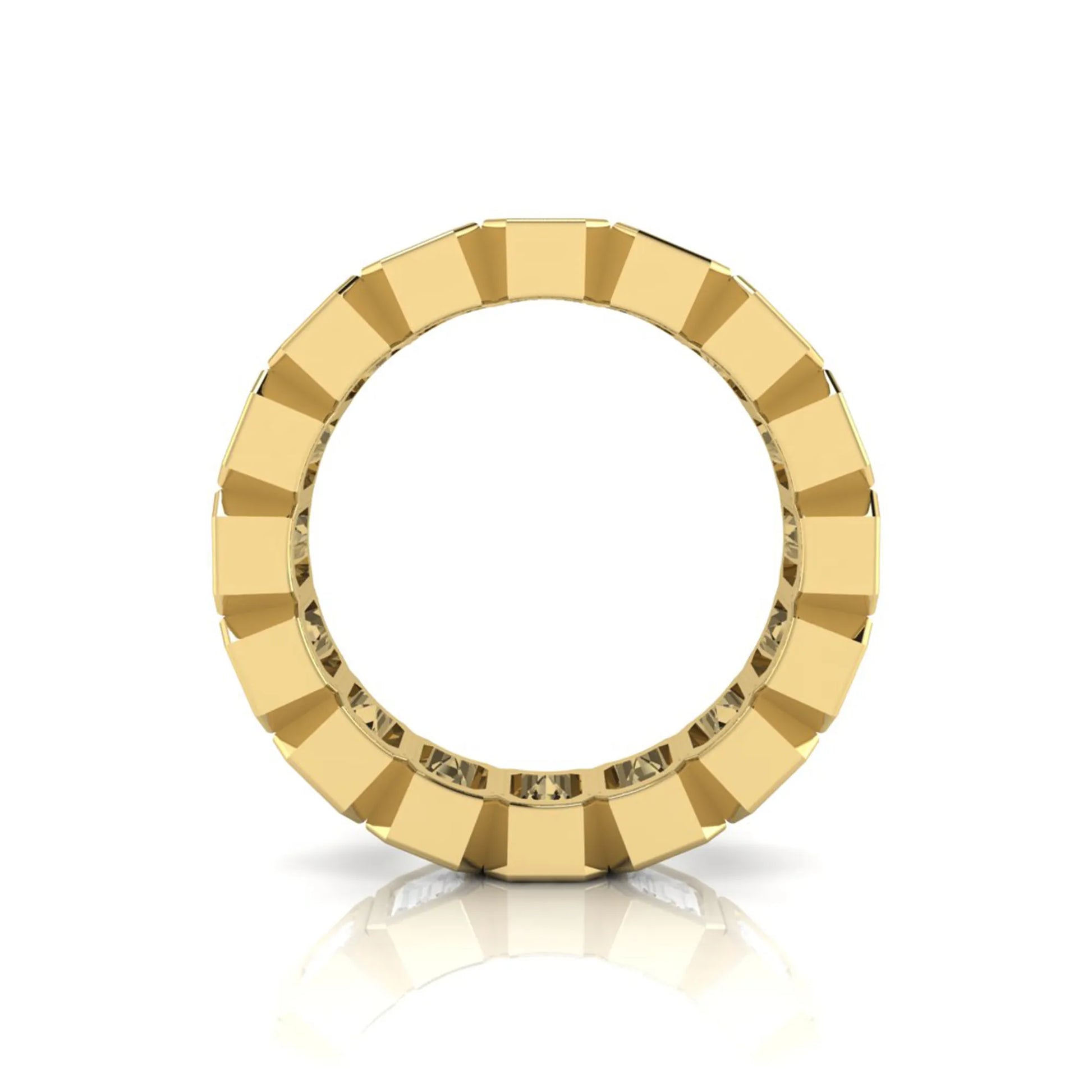 Emerald cut lab grown diamond full eternity ring featuring octagonal bezel-set diamonds in polished yellow gold.