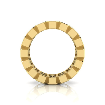 Emerald cut lab grown diamond full eternity ring featuring octagonal bezel-set diamonds in polished yellow gold.