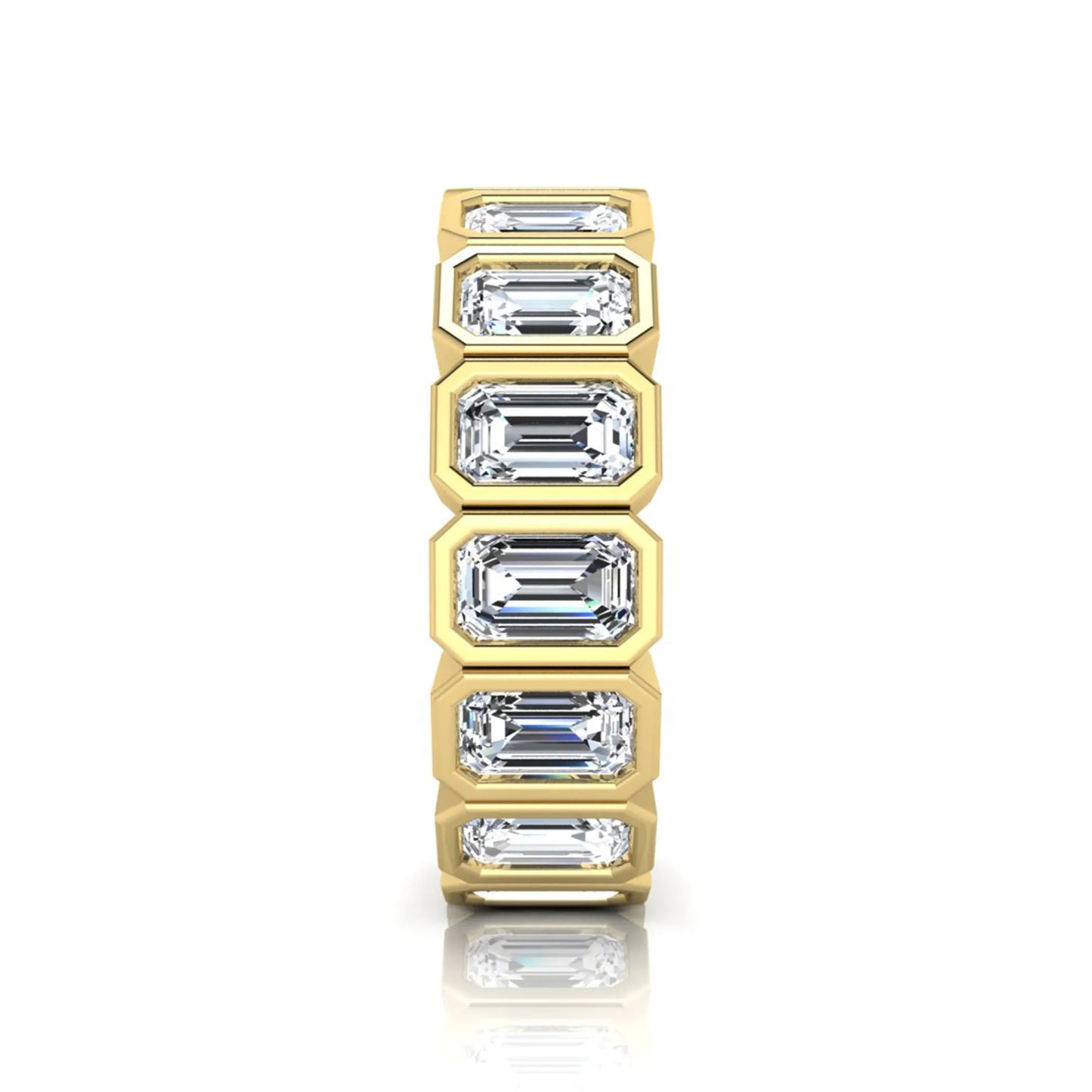 Emerald cut lab grown diamond full eternity ring featuring octagonal bezel-set diamonds in polished yellow gold.