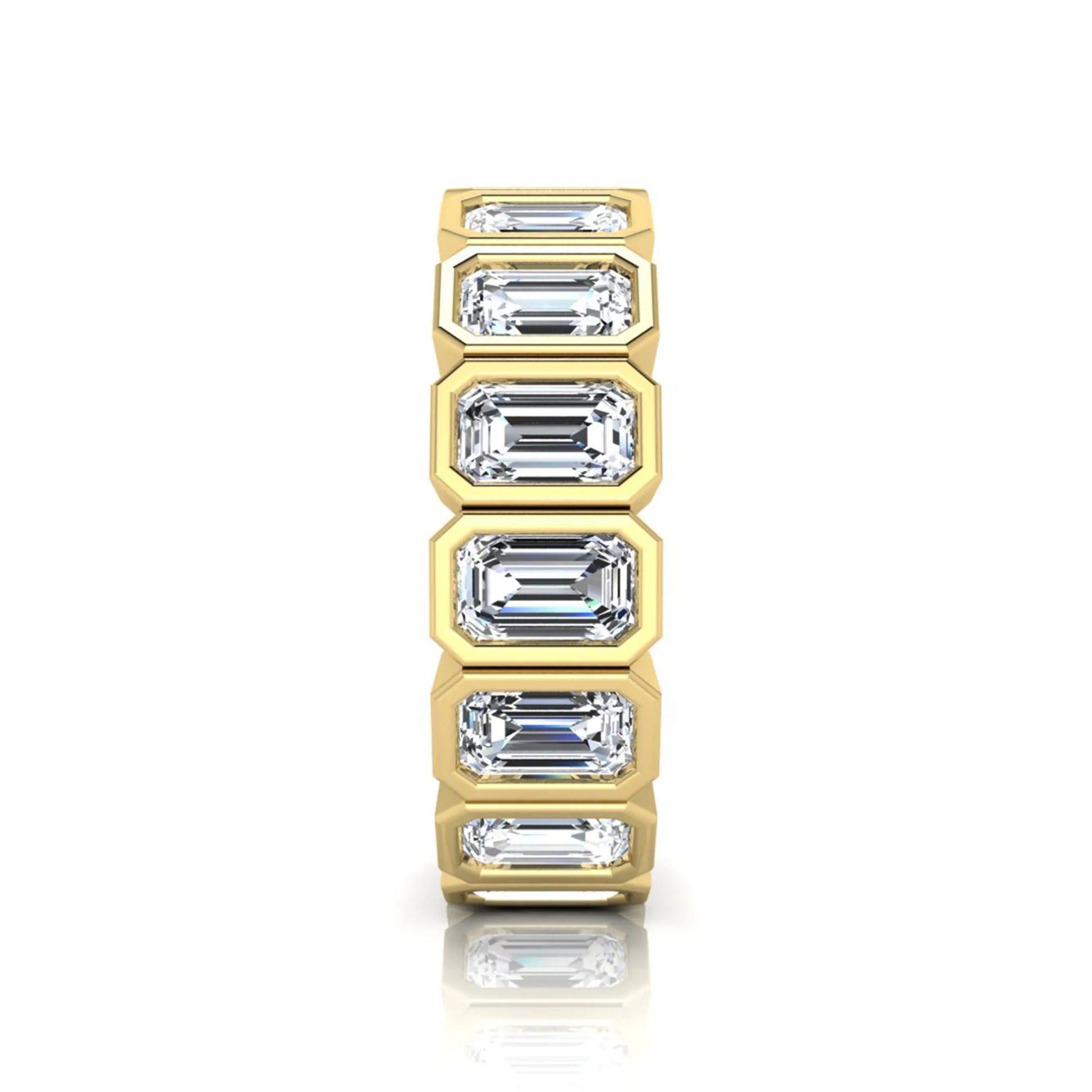 Emerald cut lab grown diamond full eternity ring featuring octagonal bezel-set diamonds in polished yellow gold.