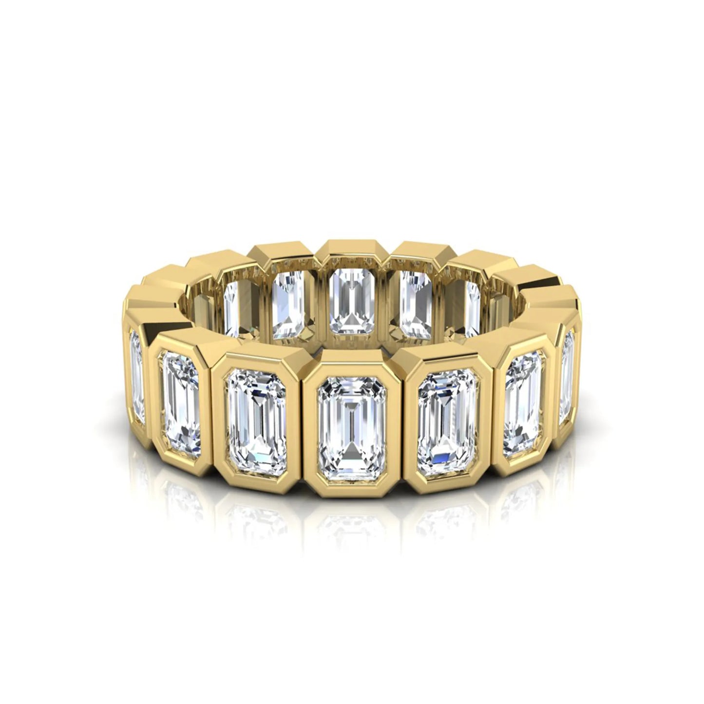 Emerald cut lab grown diamond full eternity ring featuring octagonal bezel-set diamonds in polished yellow gold.