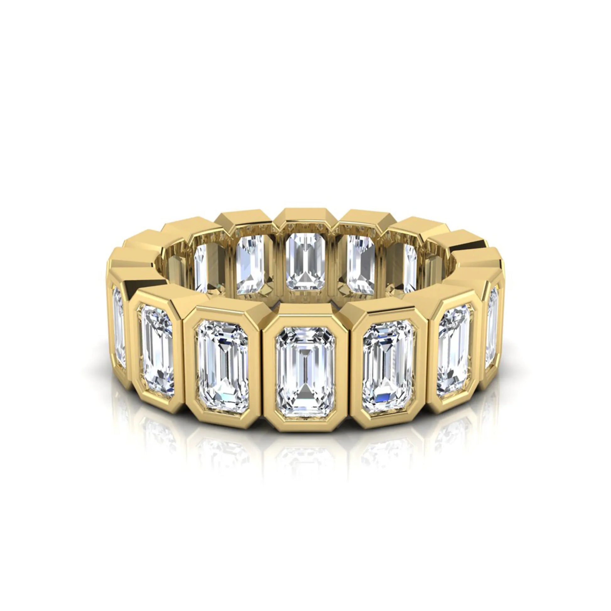 Emerald cut lab grown diamond full eternity ring featuring octagonal bezel-set diamonds in polished yellow gold.